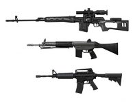 【可動フィギュア用に】プラッツ「1/12 リアリスティックウエポンシリーズ リアリスティックライフル(3種 各2丁入) ガンメタリックコーティングVer.」プラモデル 予約開始の画像